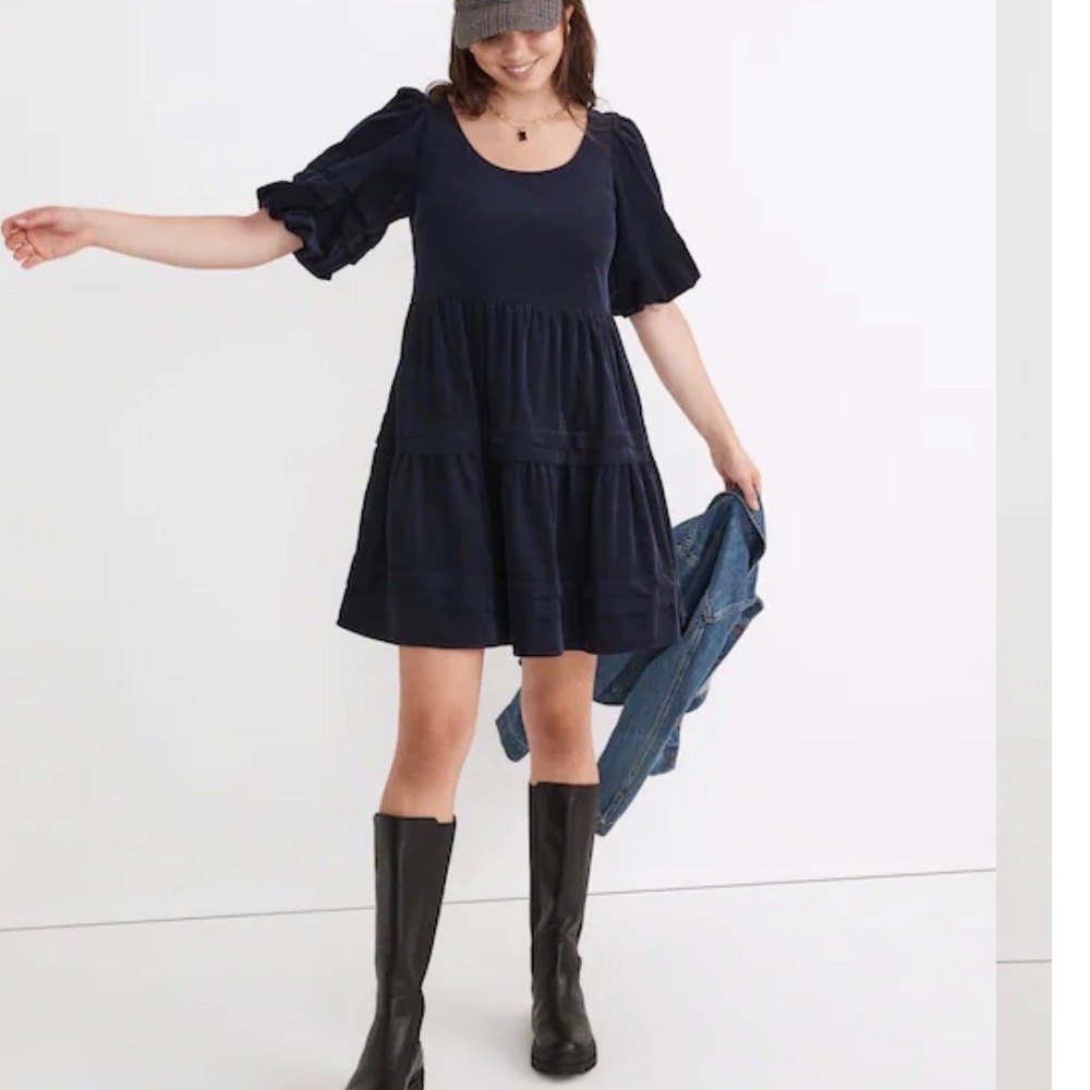 NWT Madewell Corduroy Tiered Mini Dress Navy Blue Puff Sleeve XS
